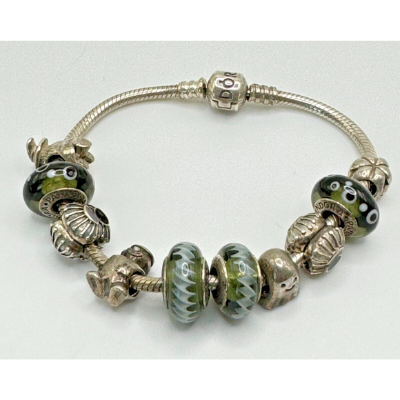 Authentic Pandora 925 sterling silver 7.5" charm bracelet w/10 charms 50.28G - Picture 1 of 7